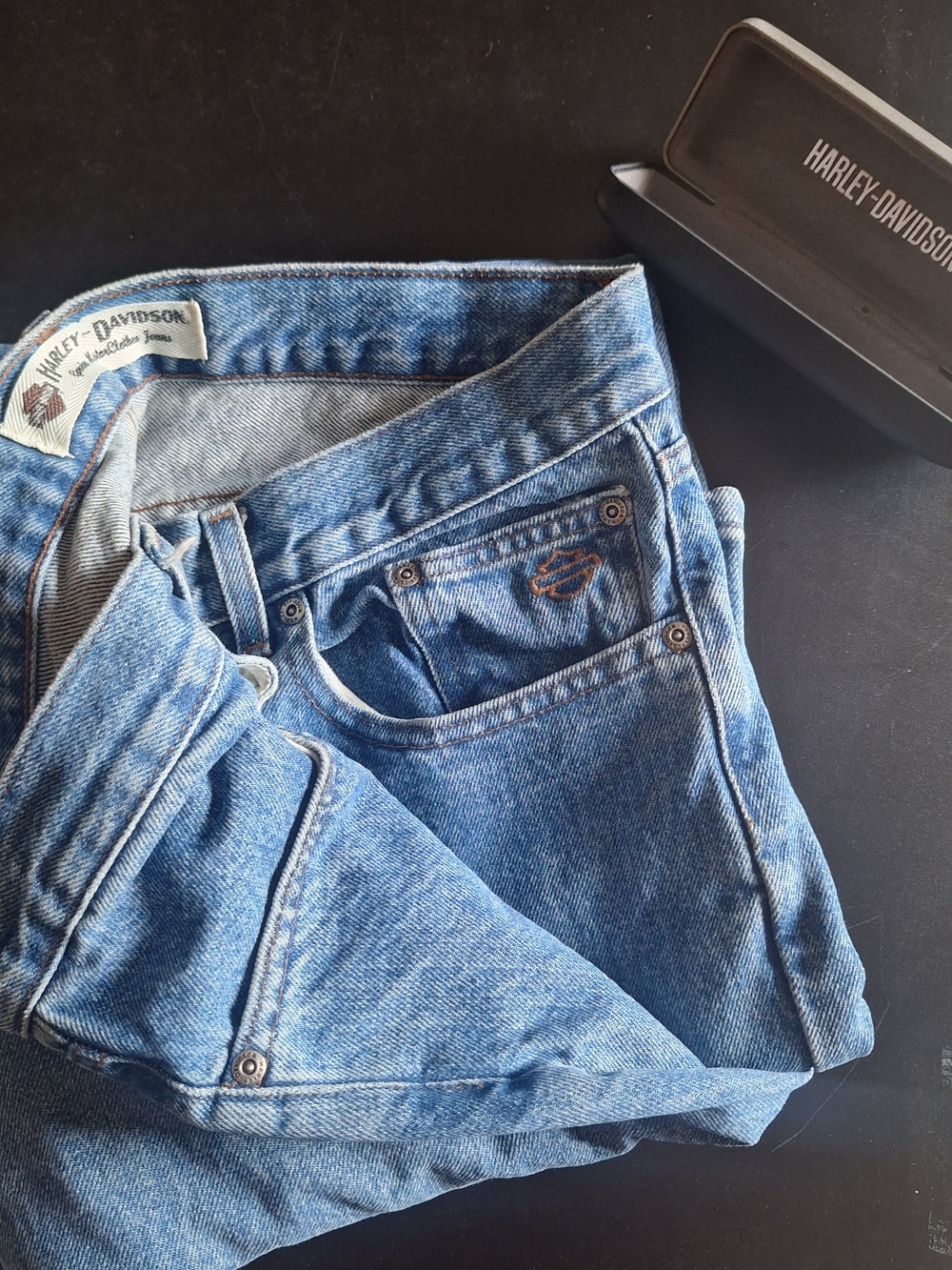 Harley Davidson Set - Straight Leg Blue Jeans 35x34 and Hard Sunglasses Case